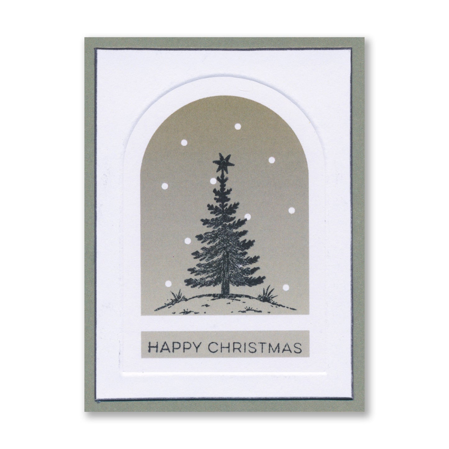 Handmade Christmas card featuring a decorated Christmas tree inside a bell jar with the "Happy Christmas" sentiment created with the Christmas Bell Jar Card Pack 2.5" x 3.5" with Embedder