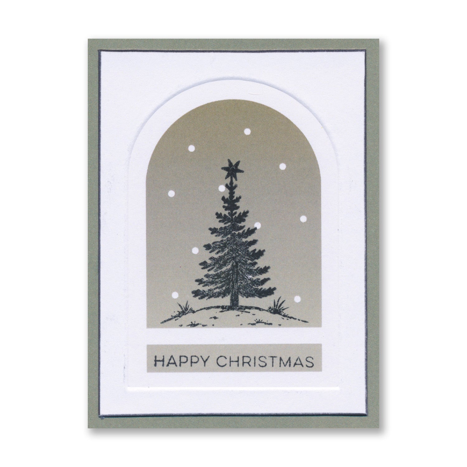 Handmade Christmas card featuring a decorated Christmas tree inside a bell jar with the "Happy Christmas" sentiment created with the Christmas Bell Jar Card Pack 2.5" x 3.5" with Embedder