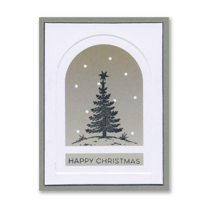 Handmade Christmas card featuring a decorated Christmas tree inside a bell jar with the "Happy Christmas" sentiment created with the Christmas Bell Jar Card Pack 2.5" x 3.5" with Embedder