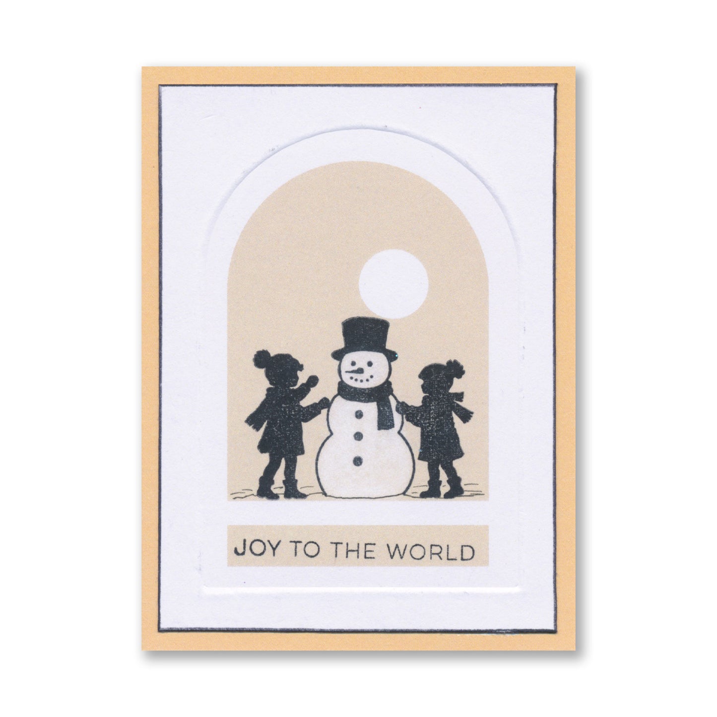 Handmade Christmas card featuring two figures building a snowman inside a bell jar with the "Joy to the World" sentiment created with the Christmas Bell Jar Card Pack 2.5" x 3.5" with Embedder