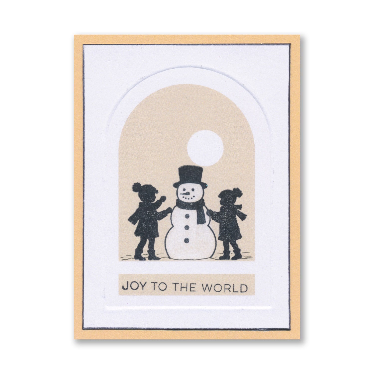 Handmade Christmas card featuring two figures building a snowman inside a bell jar with the "Joy to the World" sentiment created with the Christmas Bell Jar Card Pack 2.5" x 3.5" with Embedder