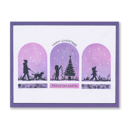 Handmade Christmas card featuring three bell jar winter scenes with festive silhouettes and the "Happy Christmas" and "Peace on Earth" sentiments created with the Christmas Bell Jar Sentiments A7 Stamp Set with Embedder
