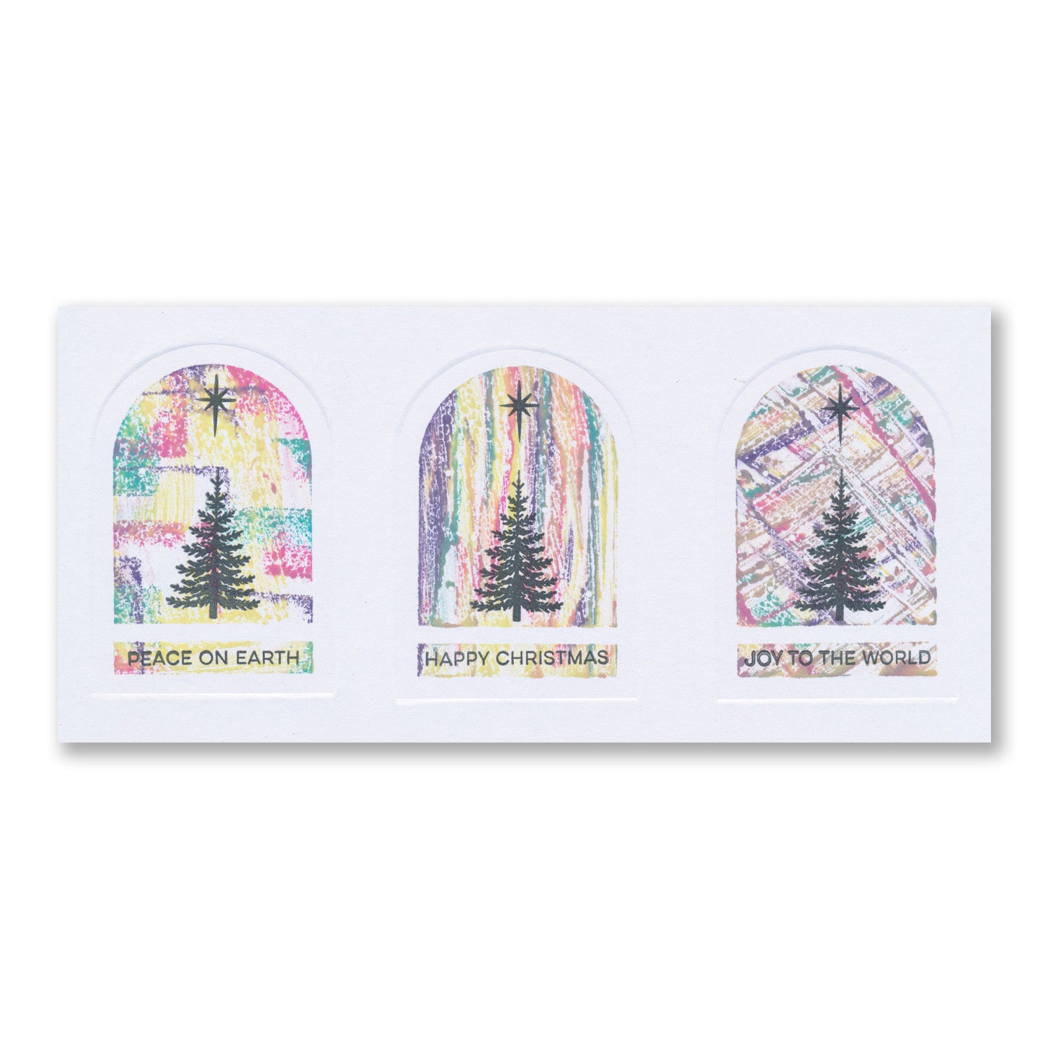 Handmade Christmas card featuring three decorated Christmas trees inside bell jars with the "Peace on Earth", "Happy Christmas" and "Joy to the World" sentiments created with the Christmas Bell Jar Sentiments A7 Stamp Set with Embedder