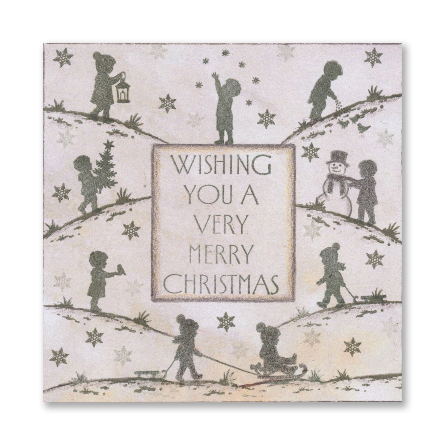 Handmade Christmas card featuring festive children silhouette scenes with the "Wishing You a Very Merry Christmas" sentiment created with the Wee Christmas Friends & Family Silhouettes A5 & A7 Stamp Collection