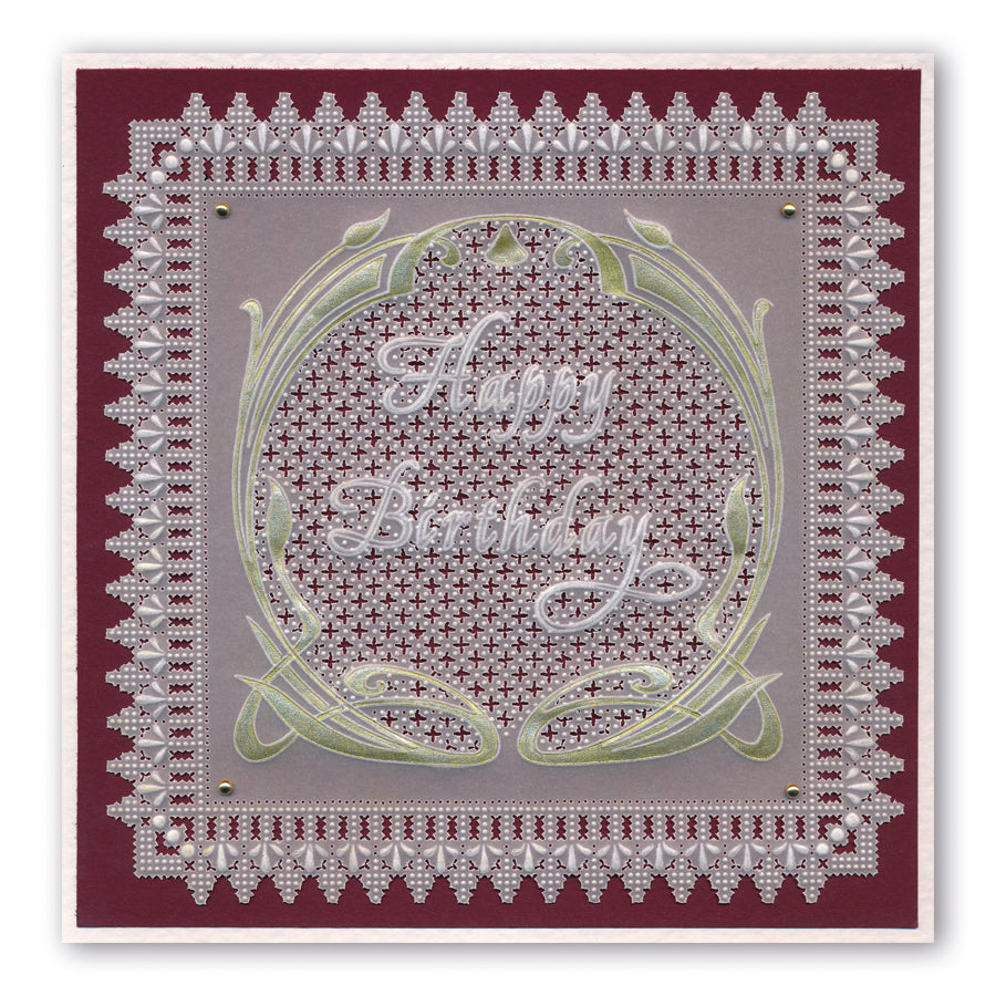 Queen's Lace Duet Grids & Alphabet Collection A5 Square Groovi Piercing Grids (Straight) & Groovi Border Plate Set