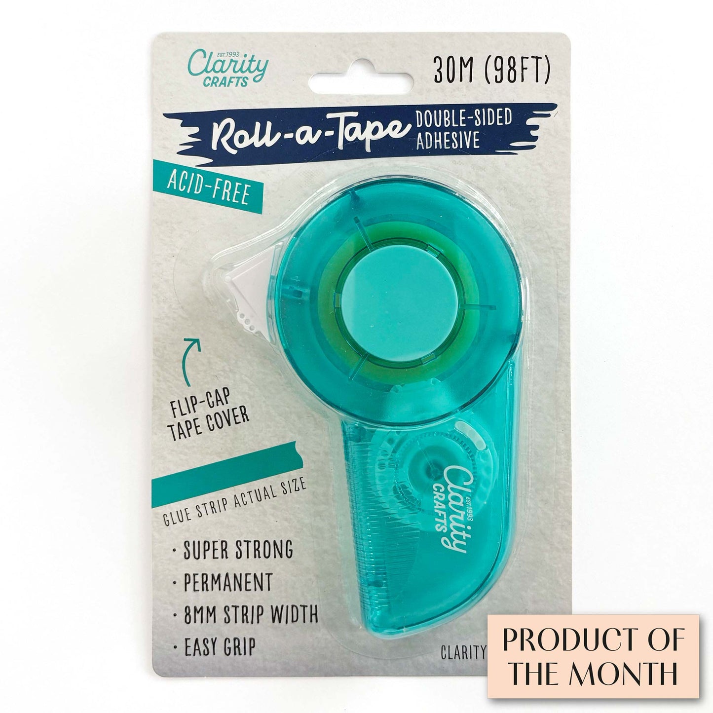 Clarity Crafts Roll-a-Tape Super Strong Permanent Glue Tape Runner with 30m acid-free double-sided adhesive for card making and papercrafting.