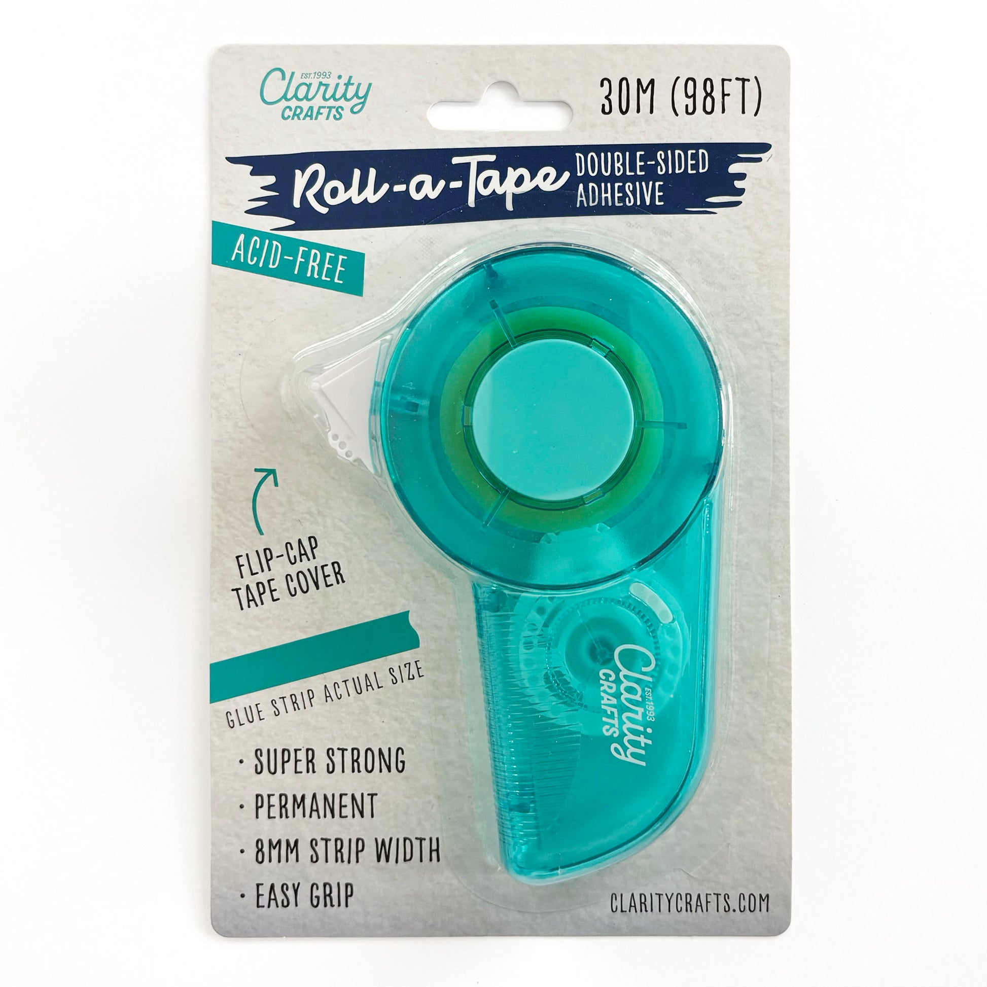 Clarity Crafts Roll-a-Tape Super Strong Permanent Glue Tape Runner with 30m acid-free double-sided adhesive for card making and papercrafting.