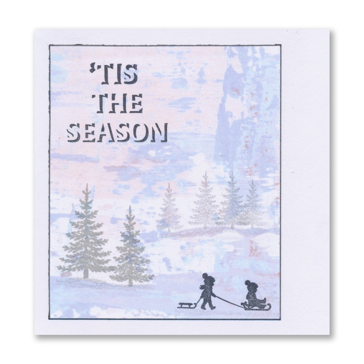 Handmade winter card featuring the "’Tis the Season" sentiment with a snowy landscape and miniature silhouette stamps created with the Christmas in Miniature A5 Stamp Set