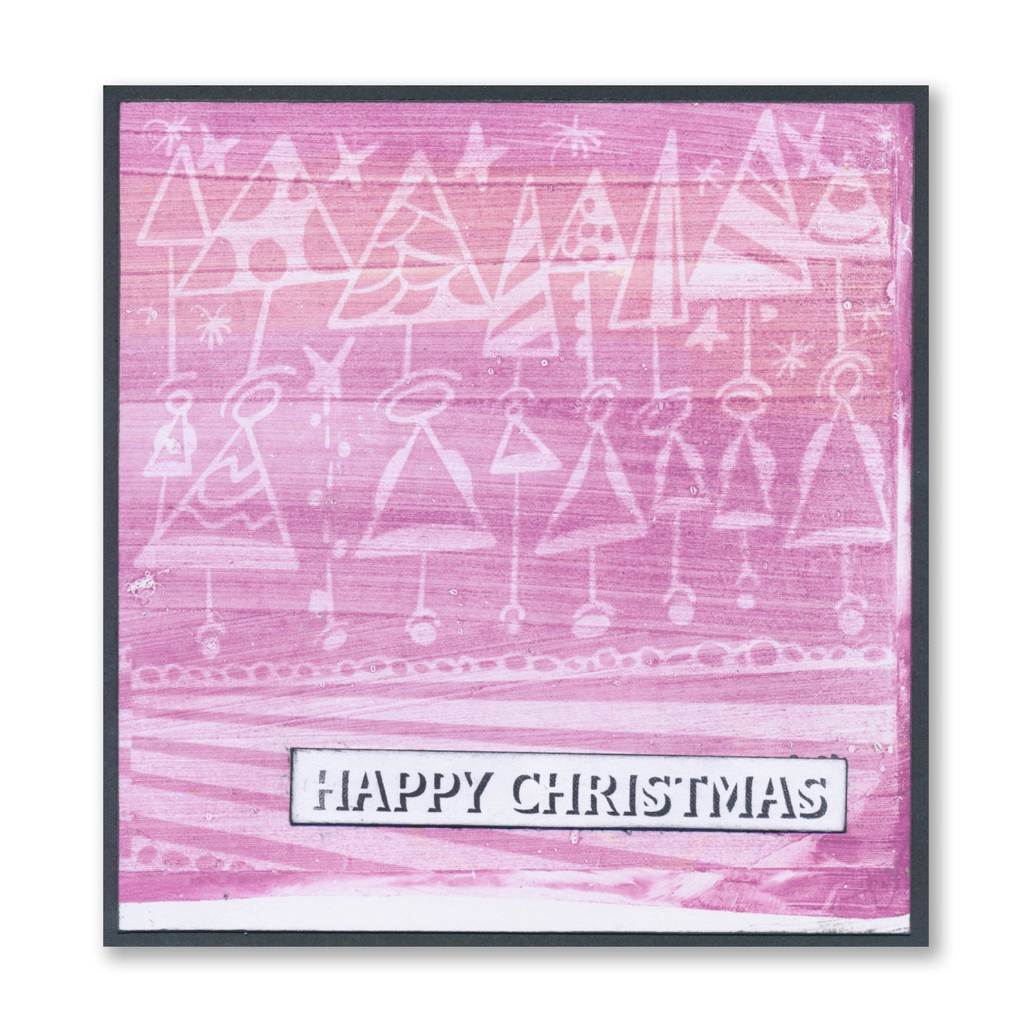 Handmade Christmas card featuring stylised Christmas tree and figure illustrations with the "Happy Christmas" sentiment created with the Bijou Drop Shadow Sentiments A5 Stamp Set