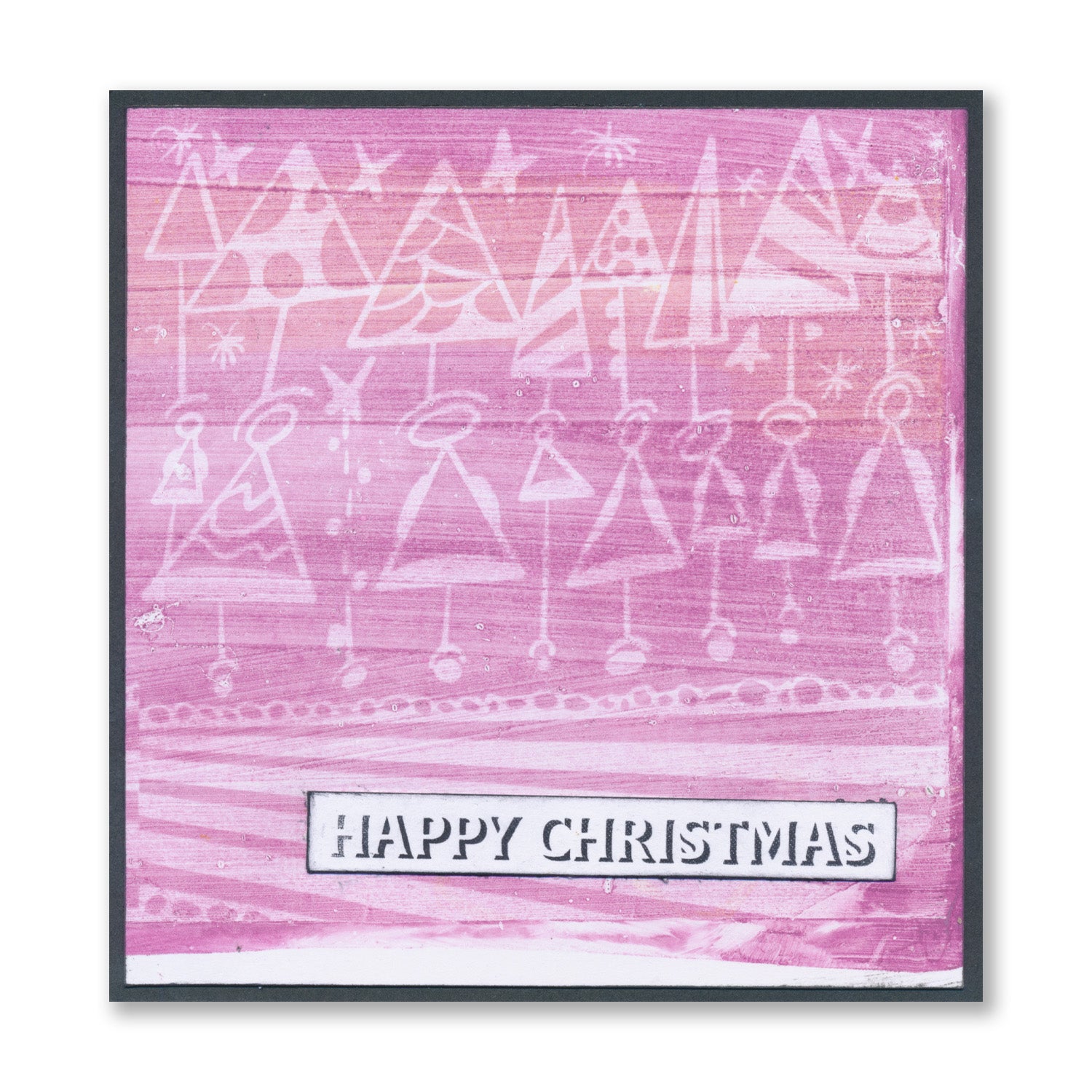 Handmade Christmas card featuring stylised Christmas tree and figure illustrations with the "Happy Christmas" sentiment created with the Bijou Drop Shadow Sentiments A5 Stamp Set