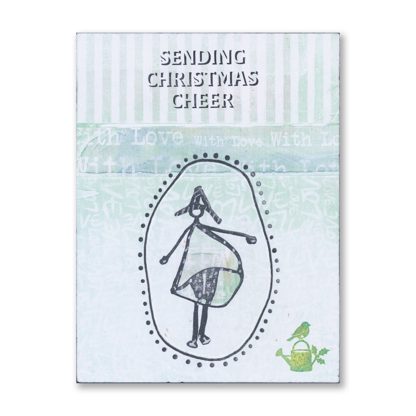Handmade Christmas card featuring a Barbara's Big SHAC figure with the "Sending Christmas Cheer" sentiment created with the Bijou Drop Shadow Sentiments A5 Stamp Set