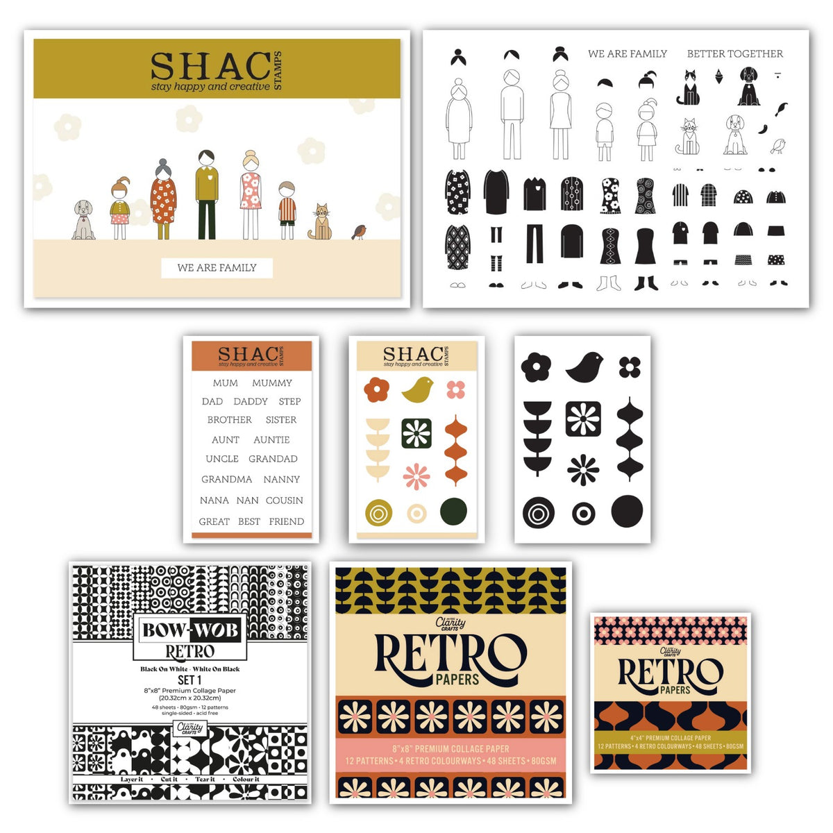 SHAC Retro Family Stamp, Mask & Collage Paper Complete Collection featuring family stamps, family names, retro shapes and coordinating collage papers