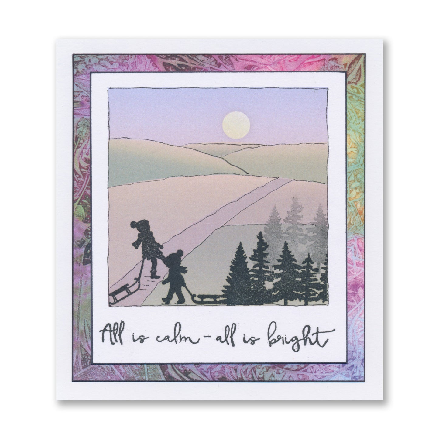 Handmade Christmas card featuring children pulling sledges and the "All is Calm – All is Bright" sentiment created with the Christmas Wonder A5 Stamp Set
