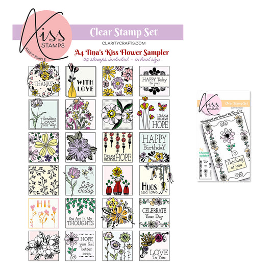 KISS by Clarity - Tina's Flowers Sampler & Thinking of You Flowers A4 & A7 Stamp Duo