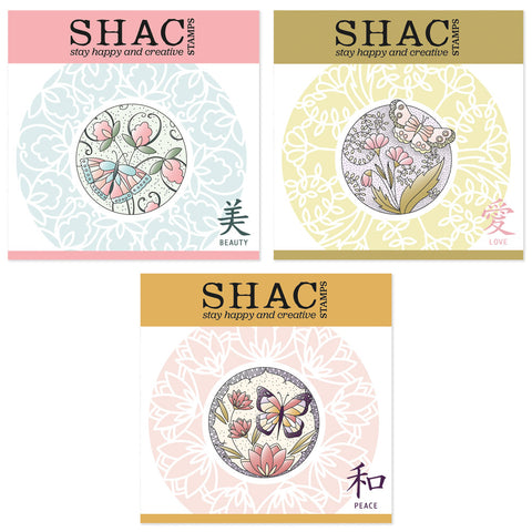 Barbara's SHAC Japanese 2 Way Overlay Flowers & Butterflies A5 Square Stamp & Mask Trio