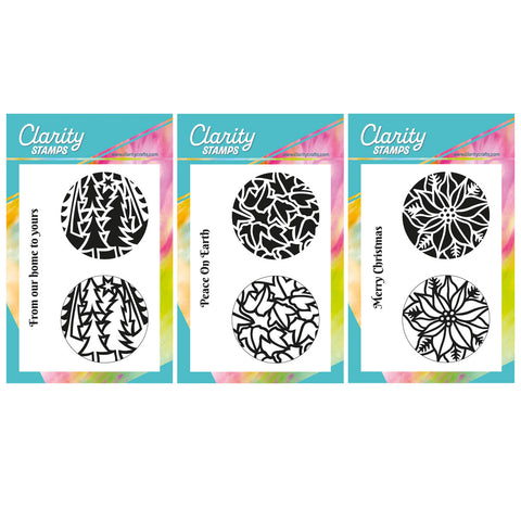 Festive Rounds Set 2 - Pine Trees, Ivy Leaves & Poinsettia - Two Way Overlay A6 Stamp Trio
