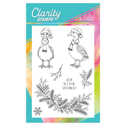 Barbara's Christmas Animals Geese A6 Stamp & Mask Set featuring two Christmas geese, festive foliage wreath, sprigs and Joy to the World sentiment