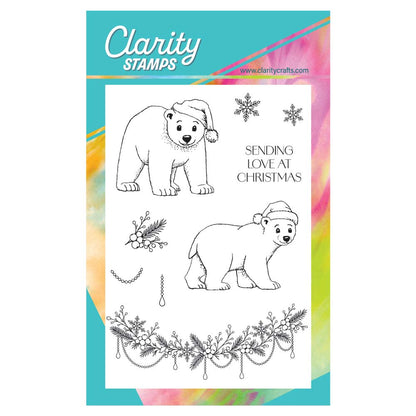 Barbara's Christmas Animals Polar Bears A6 Stamp & Mask Set featuring two Christmas polar bears, festive foliage, snowflakes and Sending Love at Christmas sentiment