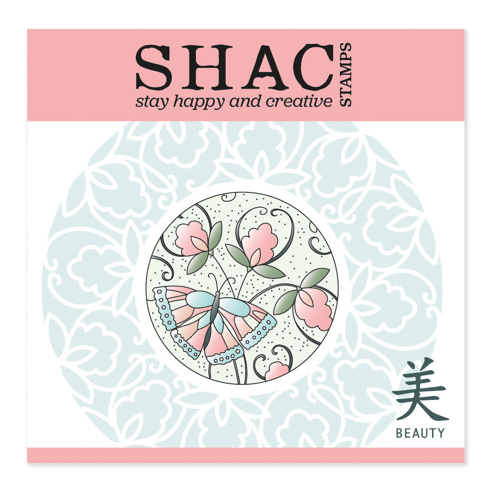 Barbara's SHAC Beauty - Japanese 2 Way Overlay Flowers & Butterflies A5 Square Stamp & Mask Set