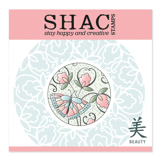 Barbara's SHAC Beauty - Japanese 2 Way Overlay Flowers & Butterflies A5 Square Stamp & Mask Set