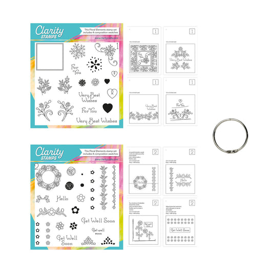 Floral Elements Sets 1 & 2 - A5 Square Stamp Sets, Composition Swatches & Snap Ring Collection