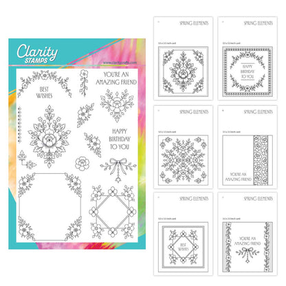 Spring Elements A5 clear photopolymer stamp set with floral motifs and layout composition swatches for card making