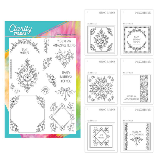 Spring Elements A5 clear photopolymer stamp set with floral motifs and layout composition swatches for card making