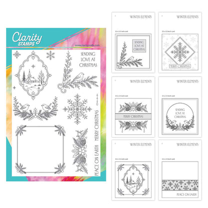 Winter Elements A6 clear photopolymer stamp set featuring snowflakes, robins, and Christmas sentiments for card making