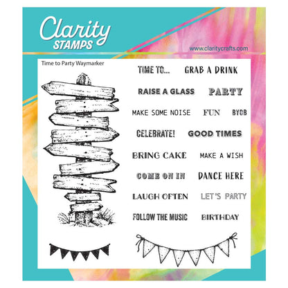 Time to Party Waymarker A5 Square clear sentiment stamp and mask set with 20 stamps