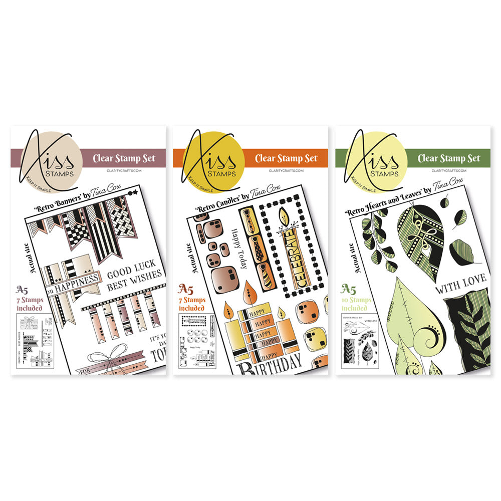 KISS by Clarity - Tina's Retro Set 1 - Banners, Candles, Hearts & Leaves A5 Stamp Trio