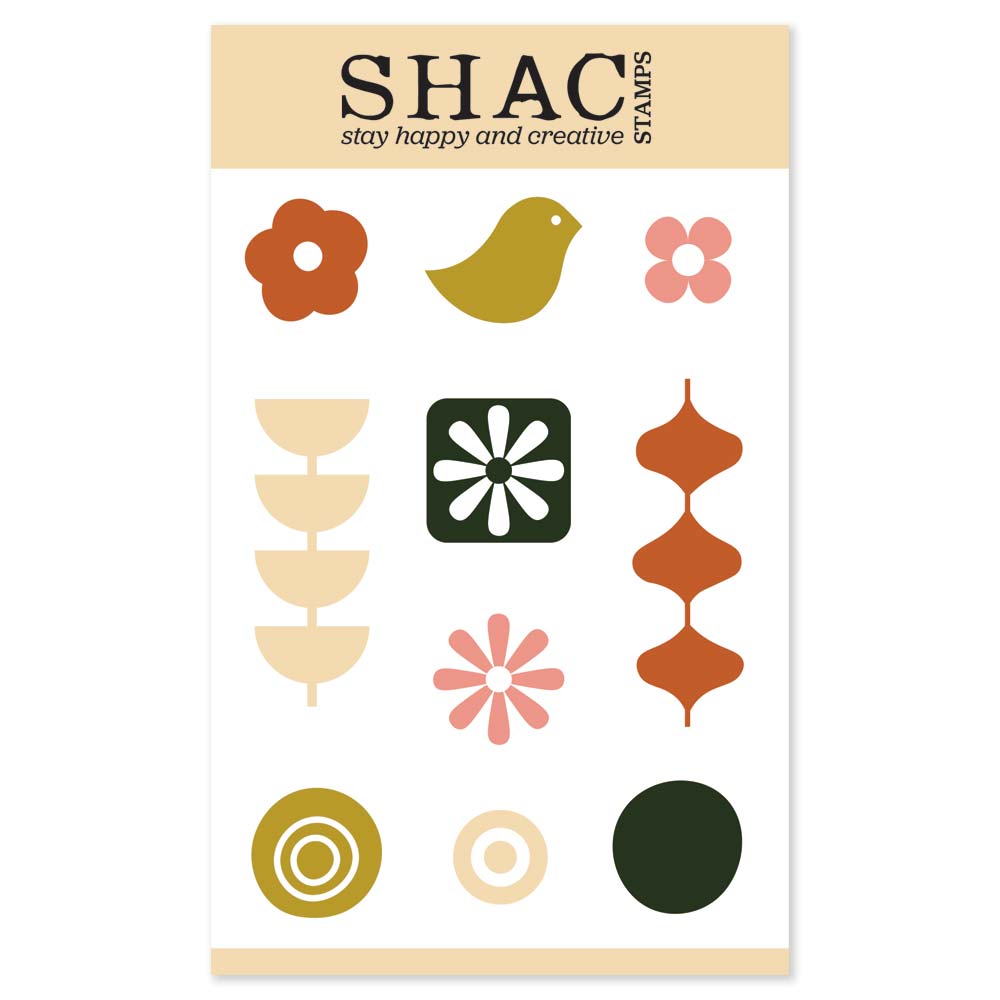 SHAC Retro Shapes A6 Stamp Set featuring retro flowers, bird and geometric shapes