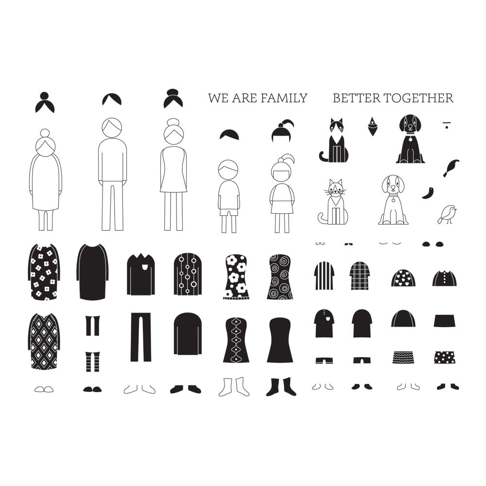 SHAC Retro Family A4 Stamp & Mask Set featuring family characters, interchangeable clothing, hairstyles, cats, dogs, bird and family sentiments