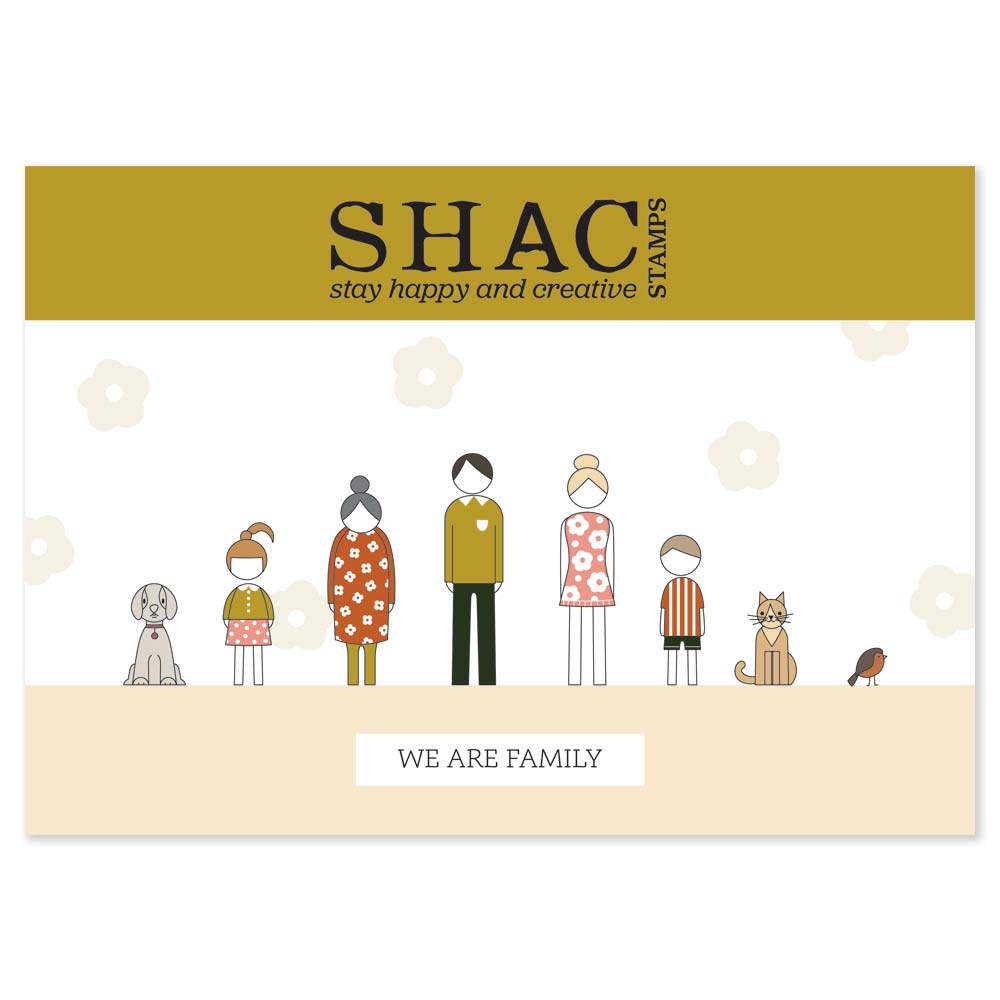 SHAC Retro Family A4 Stamp & Mask Set example featuring a colourful retro family with children, dog, cat, bird and We Are Family sentiment