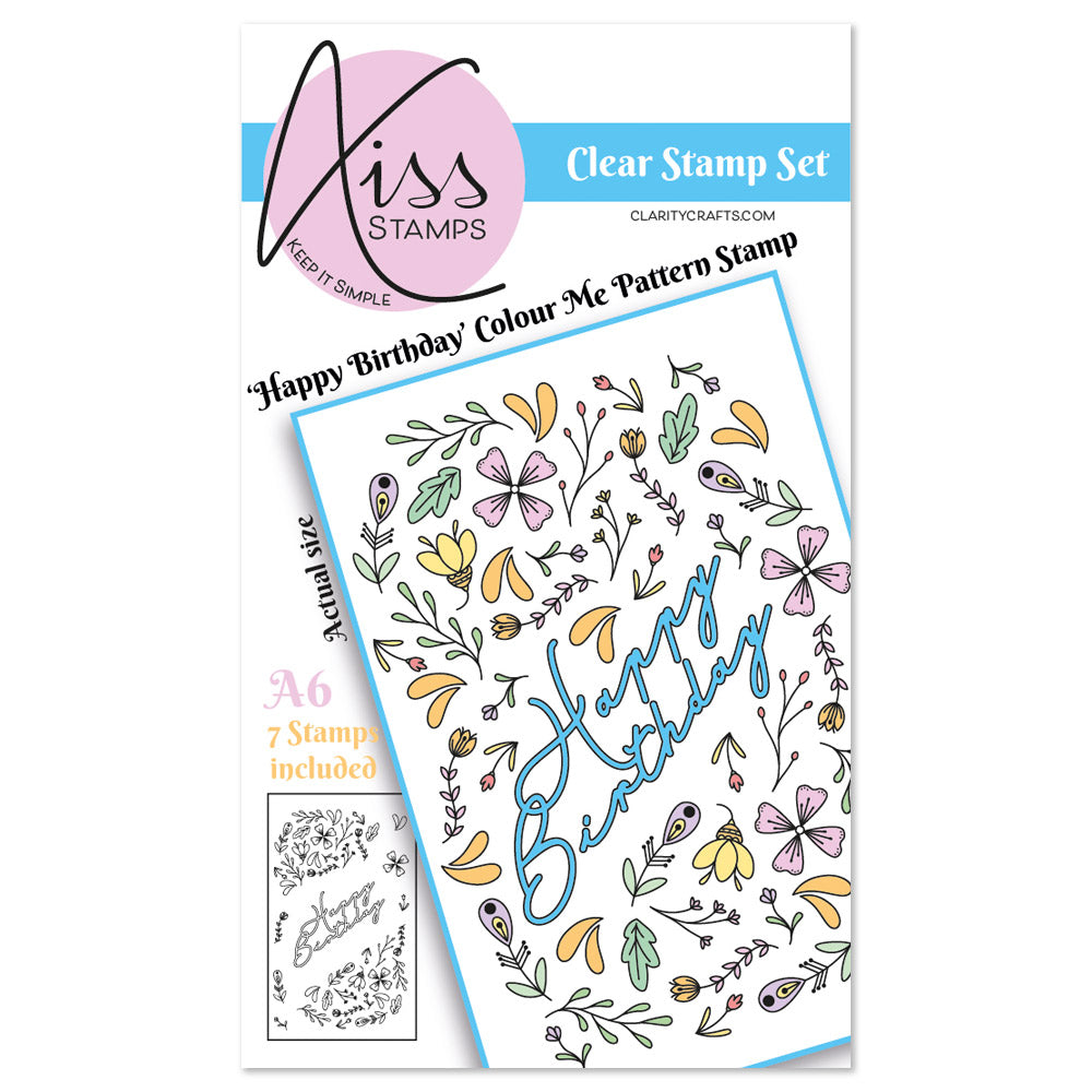KISS by Clarity - Jazz's Happy Birthday Colour Me Pattern A6 Stamp Set