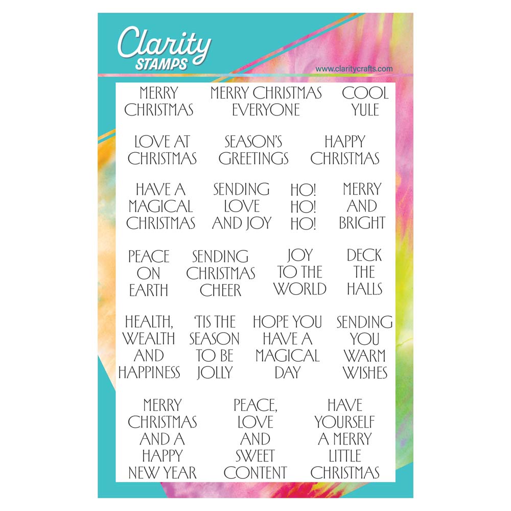 Clarity Crafts Art Deco Christmas Sentiments A5 Stamp Set featuring 21 festive greeting and sentiment stamps in decorative Art Deco-style lettering.