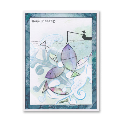 Fish stamp artwork using Barbara's SHAC outline and infill stamps