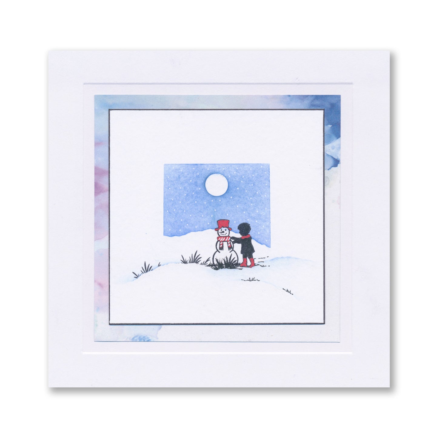 Handmade Christmas card featuring a child building a snowman in a snowy landscape created with the Wee Christmas Friends & Family Silhouettes A5 & A7 Stamp Collection