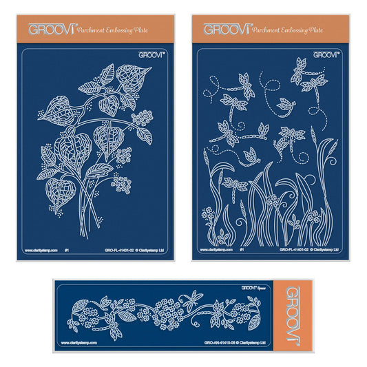Barbara's Chinese Lantern Spray & Dragonflies A6 & Spacer Groovi Plate Trio