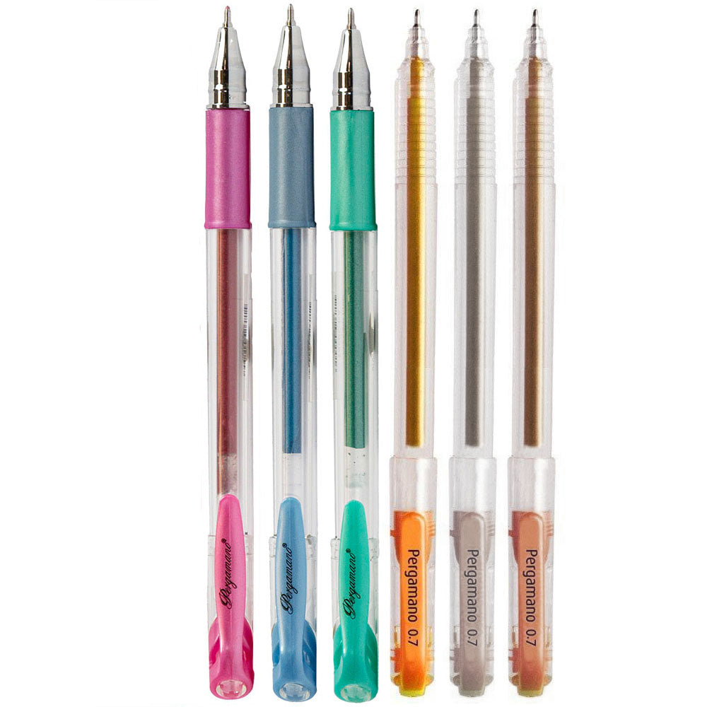 Pergamano Set of 6 Metallic Gel Pens - Gold, Silver, Bronze, Pink, Green & Blue