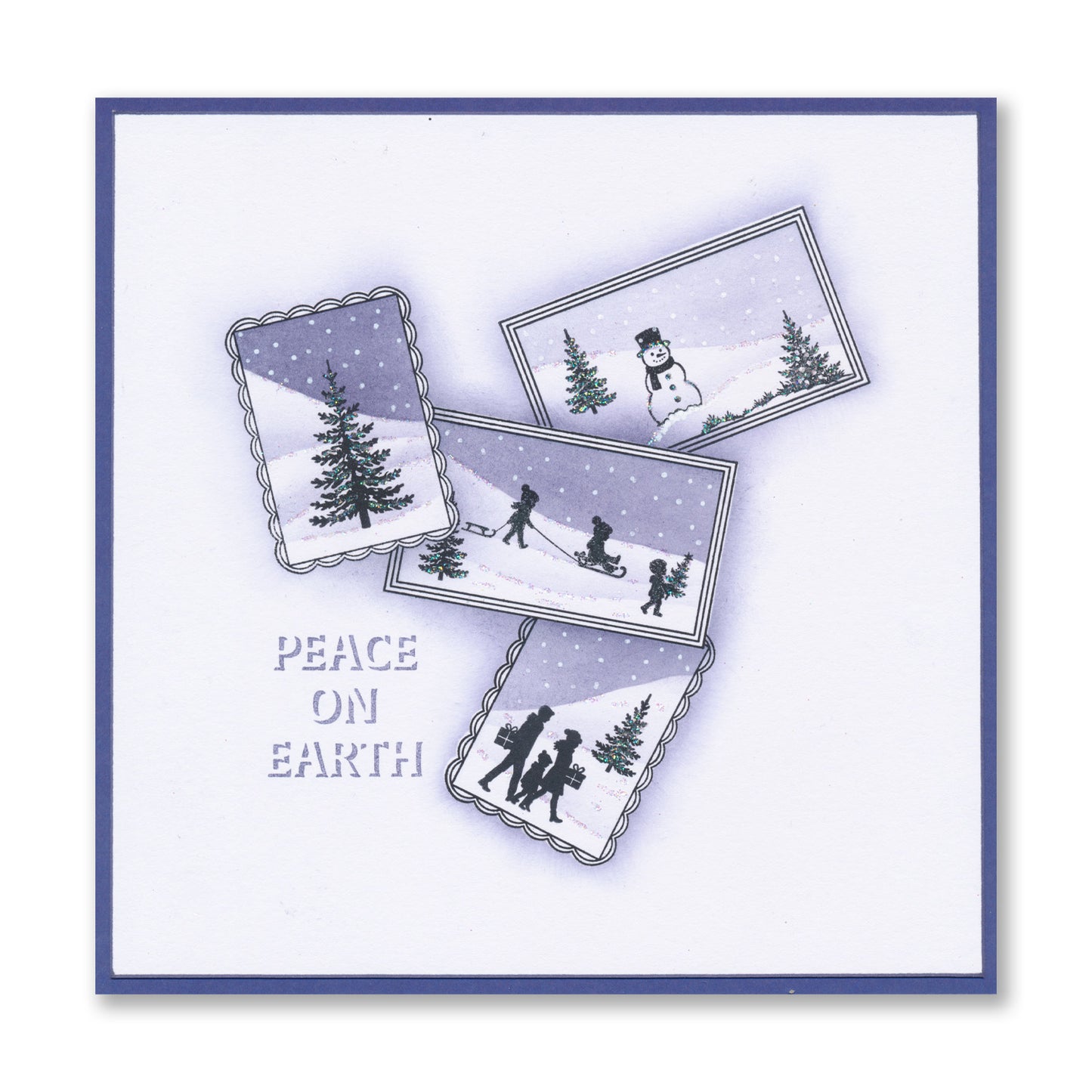 Handmade Christmas card featuring miniature Christmas scenes with the "Peace on Earth" sentiment created with the Wee Christmas Friends & Family Silhouettes A5 & A7 Stamp Collection