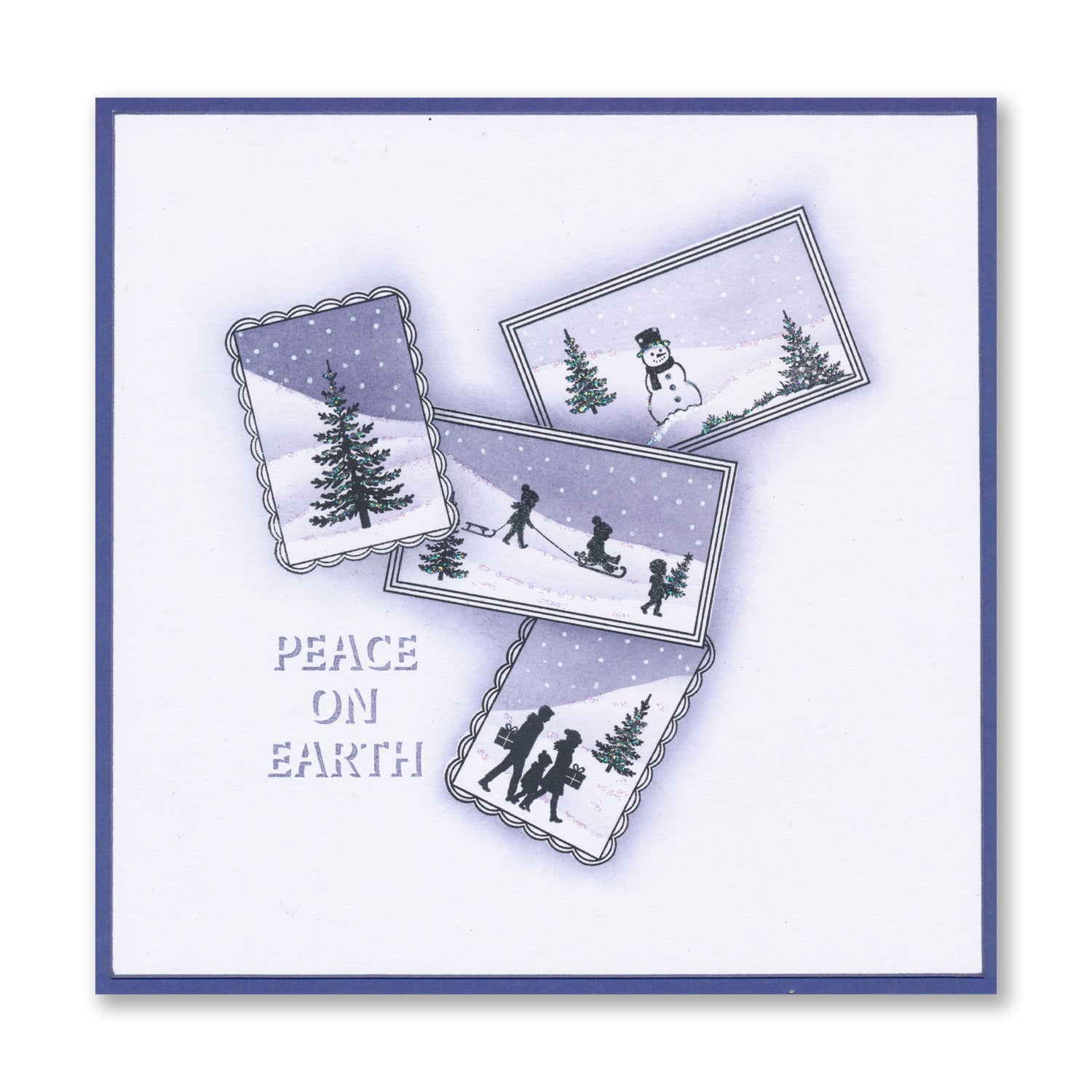Handmade Christmas card featuring miniature Christmas scenes with the "Peace on Earth" sentiment created with the Wee Christmas Friends & Family Silhouettes A5 & A7 Stamp Collection