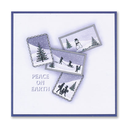 Handmade Christmas card featuring miniature Christmas scenes with the "Peace on Earth" sentiment created with the Wee Christmas Friends & Family Silhouettes A5 & A7 Stamp Collection