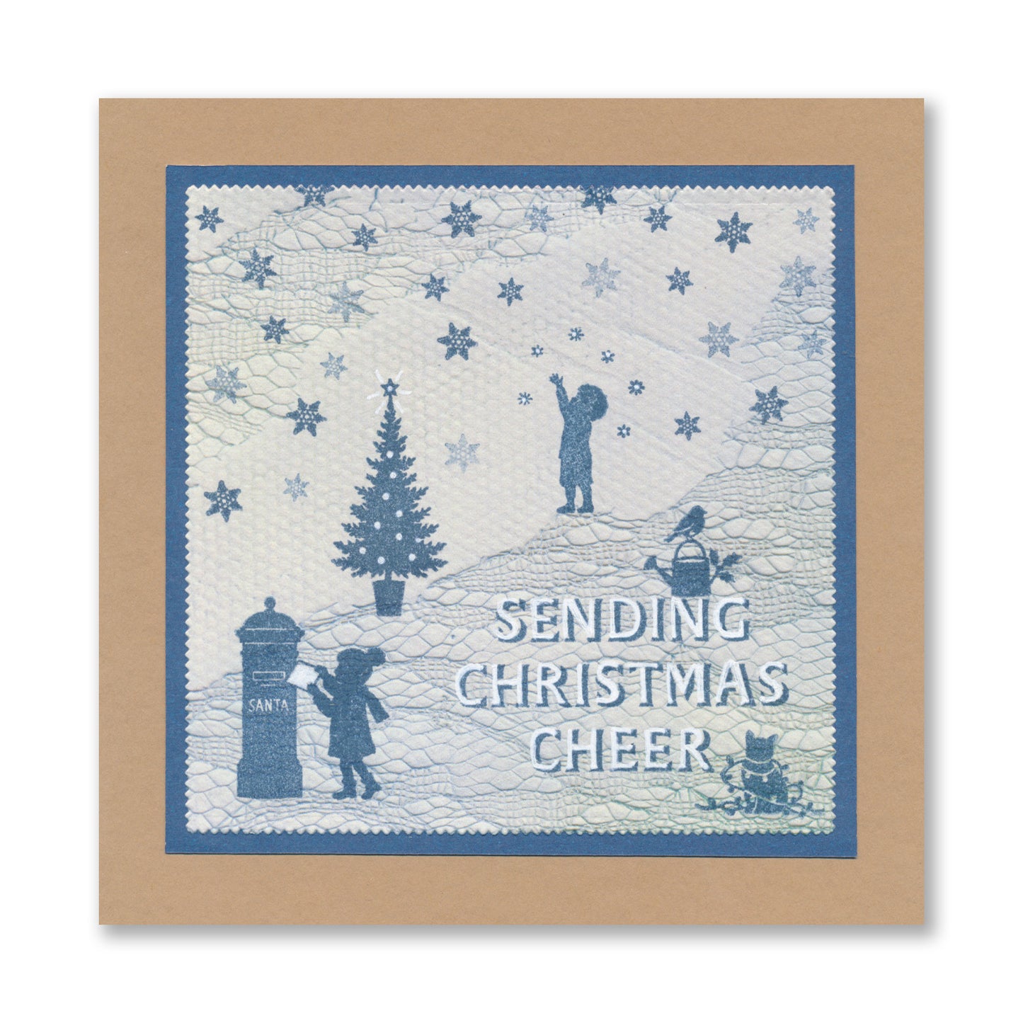 Handmade Christmas card featuring festive silhouette scenes with the "Sending Christmas Cheer" sentiment created with the Wee Christmas Friends & Family Silhouettes A5 & A7 Stamp Collection