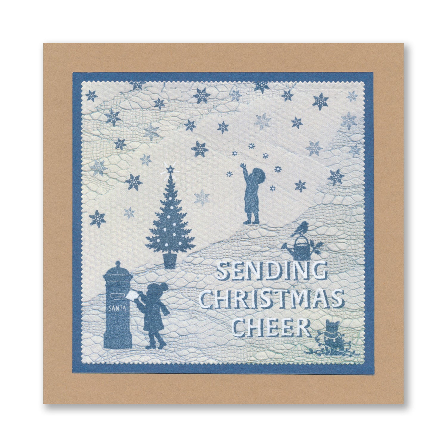 Handmade Christmas card featuring festive silhouette scenes with the "Sending Christmas Cheer" sentiment created with the Wee Christmas Friends & Family Silhouettes A5 & A7 Stamp Collection