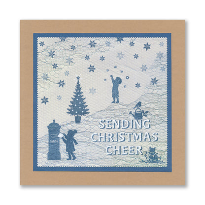 Handmade Christmas card featuring festive silhouette scenes with the "Sending Christmas Cheer" sentiment created with the Wee Christmas Friends & Family Silhouettes A5 & A7 Stamp Collection