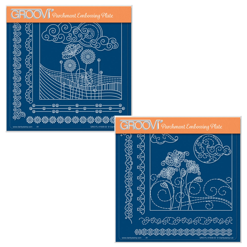  The Field and Flowers and Flowers in a Breeze A5 square acrylic Groovi plate duo by Claritystamp, showcasing laser-etched rolling hill designs, whimsical blowing floral designs, and swirling crescent cloud layouts.    