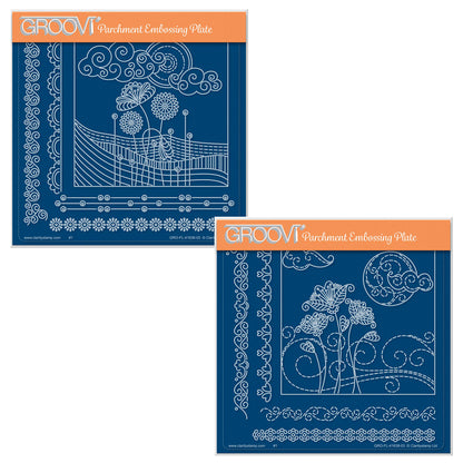  The Field and Flowers and Flowers in a Breeze A5 square acrylic Groovi plate duo by Claritystamp, showcasing laser-etched rolling hill designs, whimsical blowing floral designs, and swirling crescent cloud layouts.    