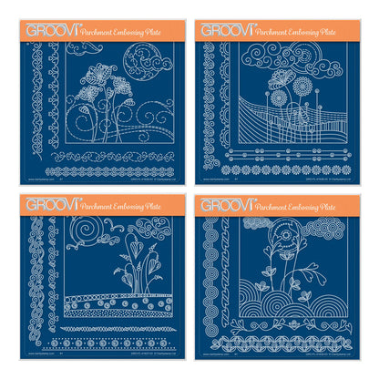 Four acrylic Groovi plates featuring doodle landscape and floral designs for parchment embossing, shown next to finished handmade card examples.