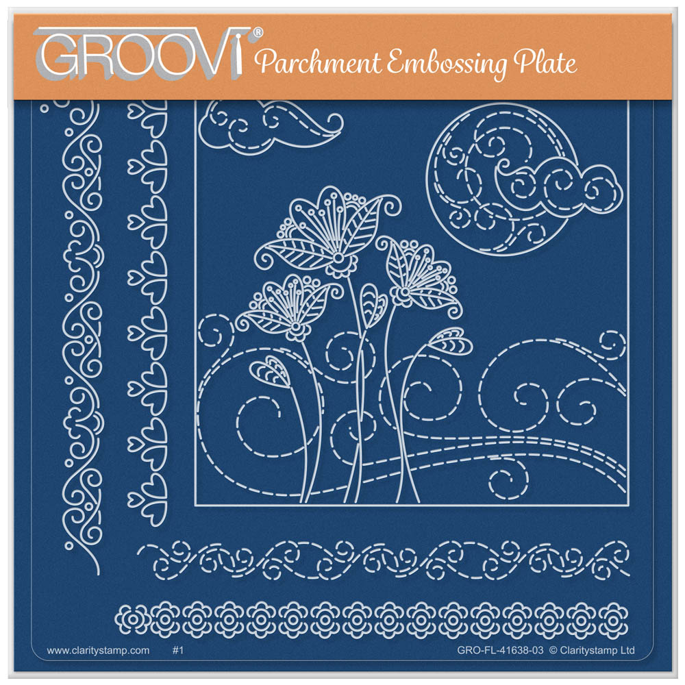 The Flowers in a Breeze A5 square acrylic Groovi plate by Claritystamp, showing laser-etched designs of whimsical flowers blowing in the wind under a crescent moon sky.