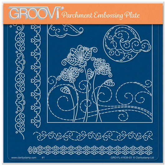 The Flowers in a Breeze A5 square acrylic Groovi plate by Claritystamp, showing laser-etched designs of whimsical flowers blowing in the wind under a crescent moon sky.
